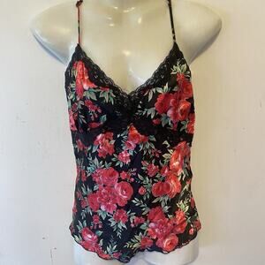 Y2K PinkK Babydoll Cami TankTop Satin Floral LaceTrim Sweetheart Hot Sexy Love M
